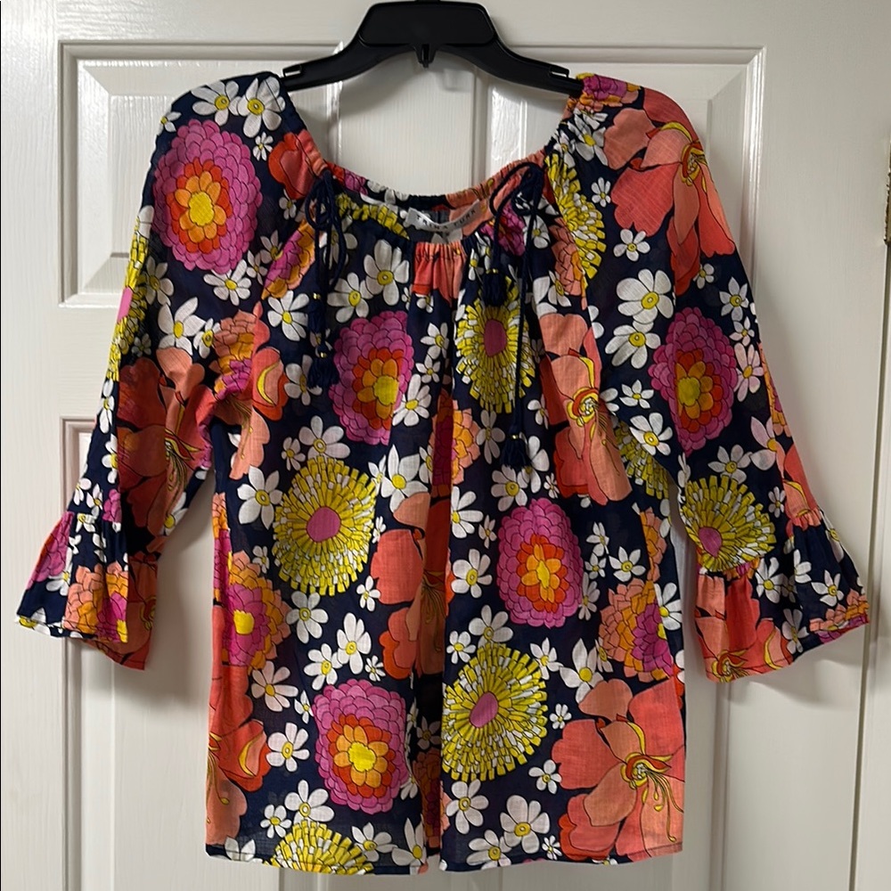 Trina Turk Red and Orange Ruffled Blouse 3/4 Sleeve
